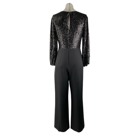 Ever New Black Sequin Long Sleeve V Neck Pleated Wide Leg Wrap Romer Jumpsuit S - Picture 3 of 5